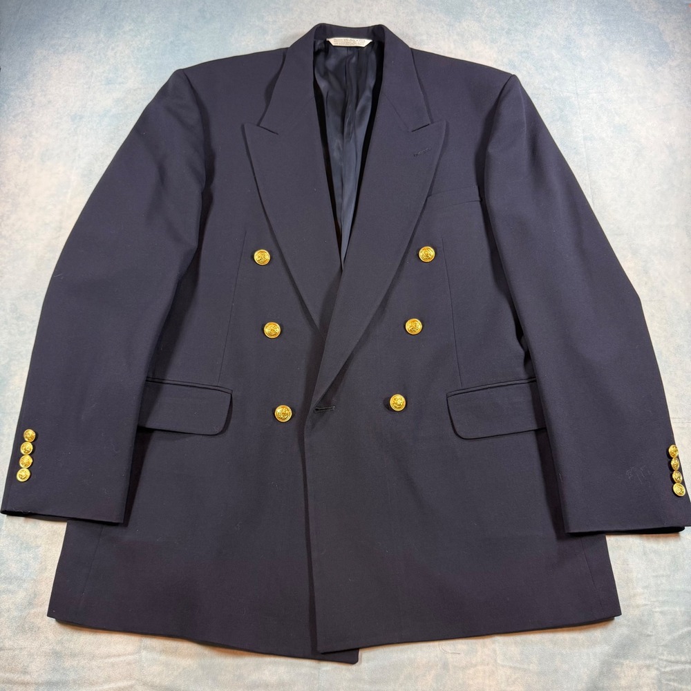 Lands End Double Breasted Blazer Mens 44L Navy Blue Excellent Wool Gold Button